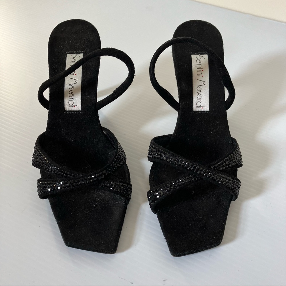 Santini Mavardi Black Suede Sling Back Jet Stone Kitten Heel Sandals size EU 36
